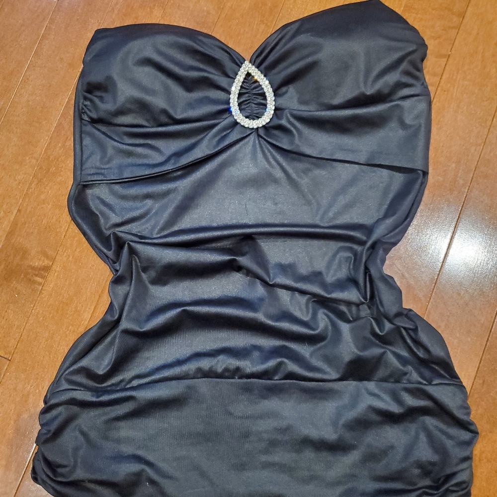 Black shiny halter top with eyedroppe emblished crystal